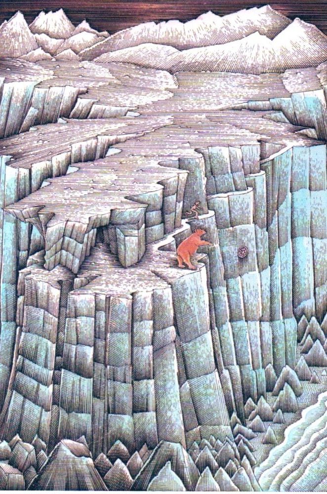 A bear throws a shield over the cliff and Bjorn flees, an illustration.