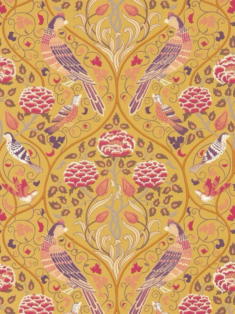 Design, yellow with red dahlia like flowers, birds.
