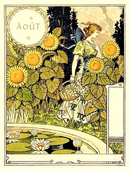 Woman in yellow in garden amongst sunflowers, pond with lily pads in foreground. She carries a basket.