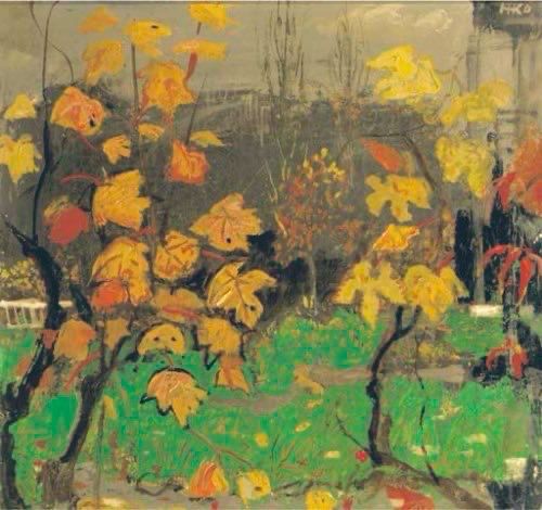 Painting of trees with autumn leaves against green grass and grey sky in background.