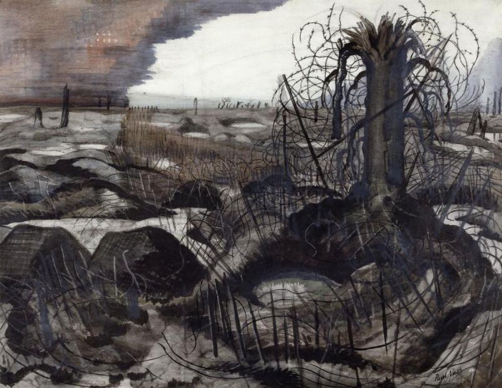 Wire by Paul Nash, 1918. It depicts a desolate and shattered landscape from the First World War with a dense web of barbed wire dominating the foreground. 
The scene includes broken trees, shell holes filled with water, and sharp-edged pieces of corrugated iron and concrete. In the distance, columns of mud suggest exploding shells, and a few soldiers are visible.