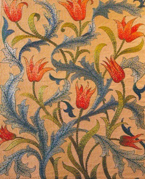 Orange tulip and silver and green foliage, textile design.