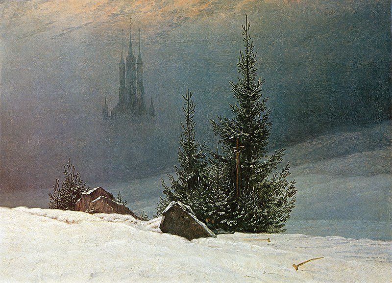 Snow scene with two snow laden firs, large rocks protruding from snow, hillside with fog and church seen emerging from it in the distance, painting.