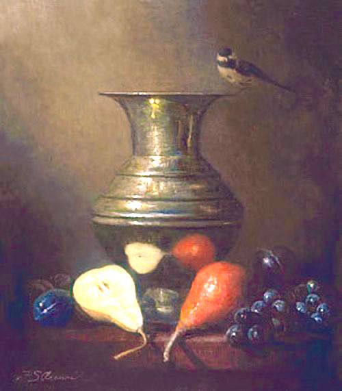 A tit perched on pewter it  with plum, pears (one cut) and grapes in front, table top, painting.