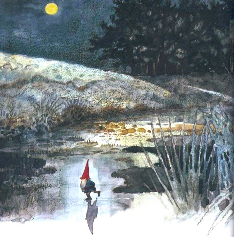 Nisse skating on frozen river under full moon. Illustration.