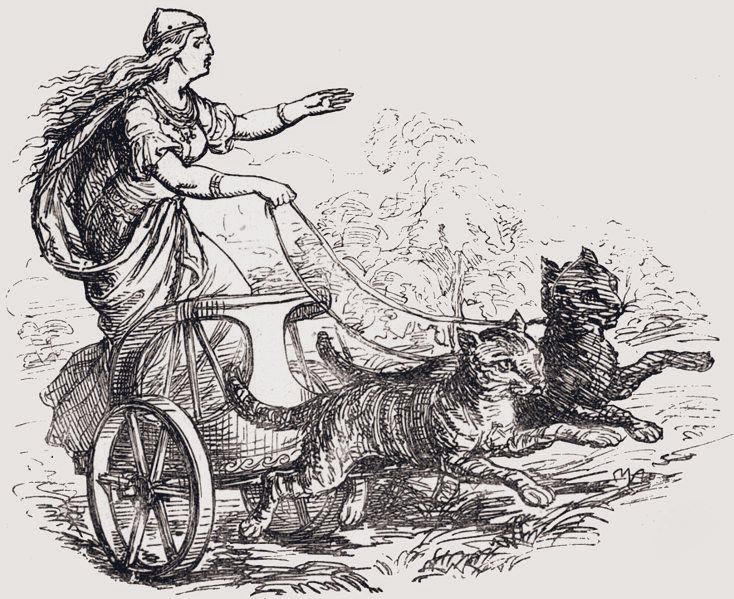 Illustration of Freyja on her chariot pulled by cats