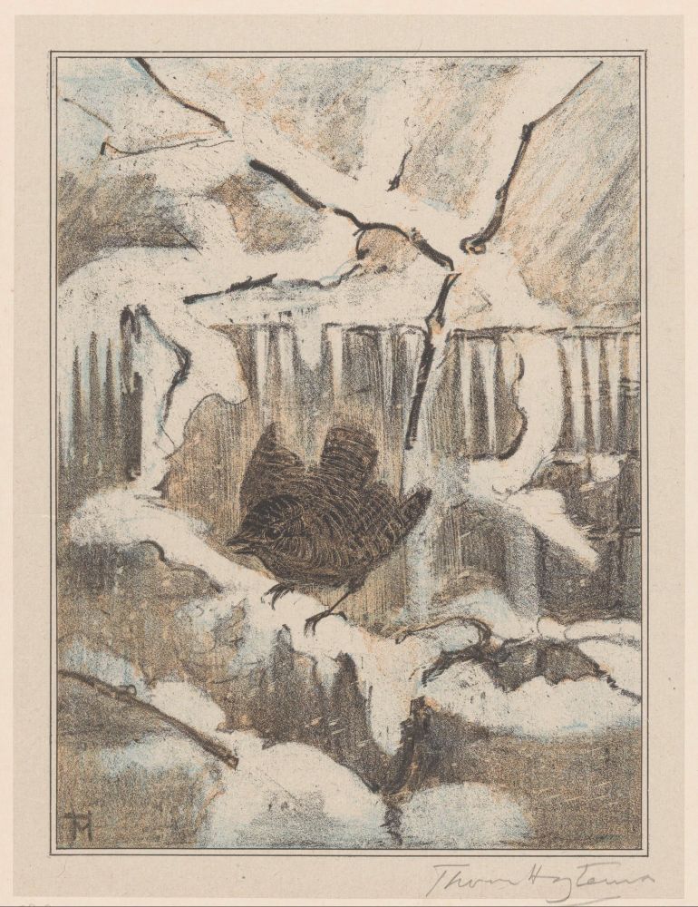 Wren on snowy branch, painting 