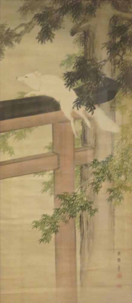 White fox climbing over gate, trees, colour on silk.