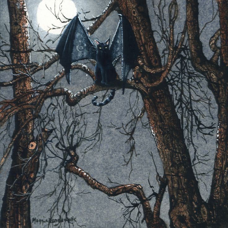 Black cat with bat wings and stripy tail sat in tree under a full moon and night sky, painting.