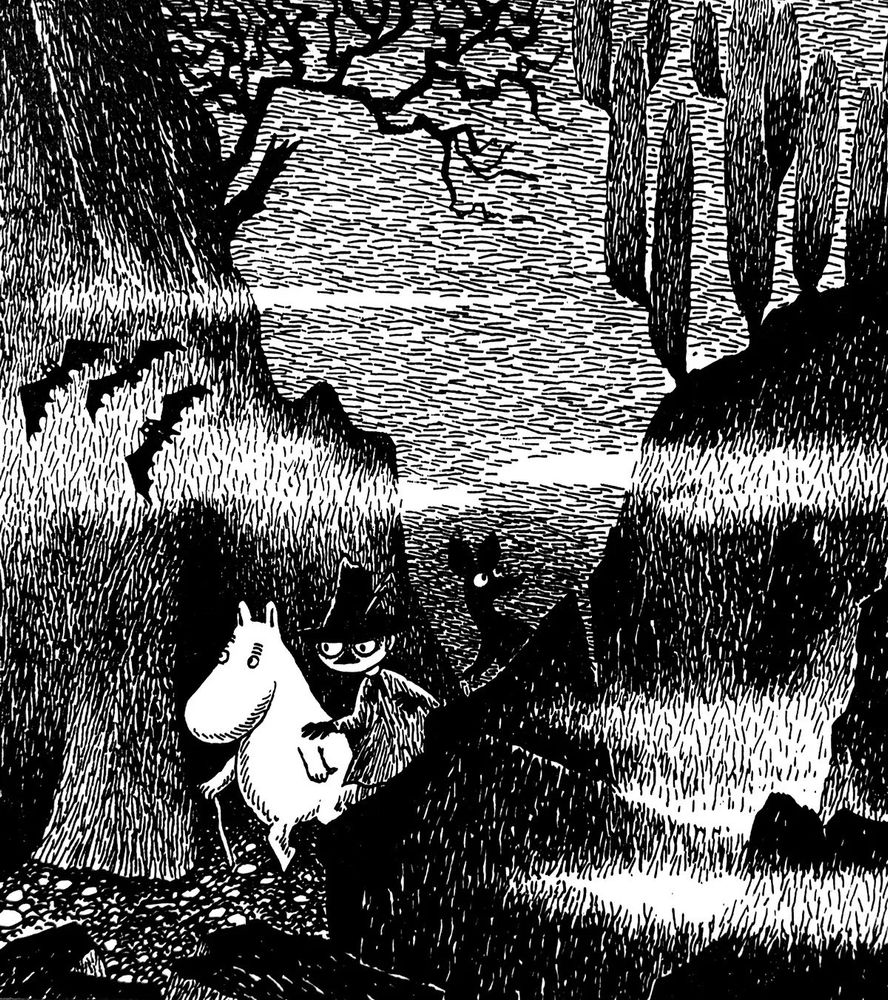 A black and white illustration from the Moomins.The illustration is of a wooded landscape at night with bats in flight and low misty clouds. Moomintroll, Snufkin and Sniff are walking through the wooded area looking a little scared. 