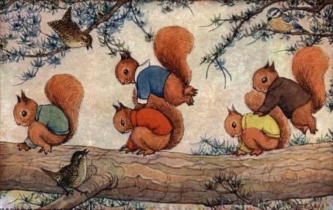 Red Squirrels in red, blue, brown, yellow and green jumpers playing leap frog on a branch watched by two wrens and a blue tit. Illustration.