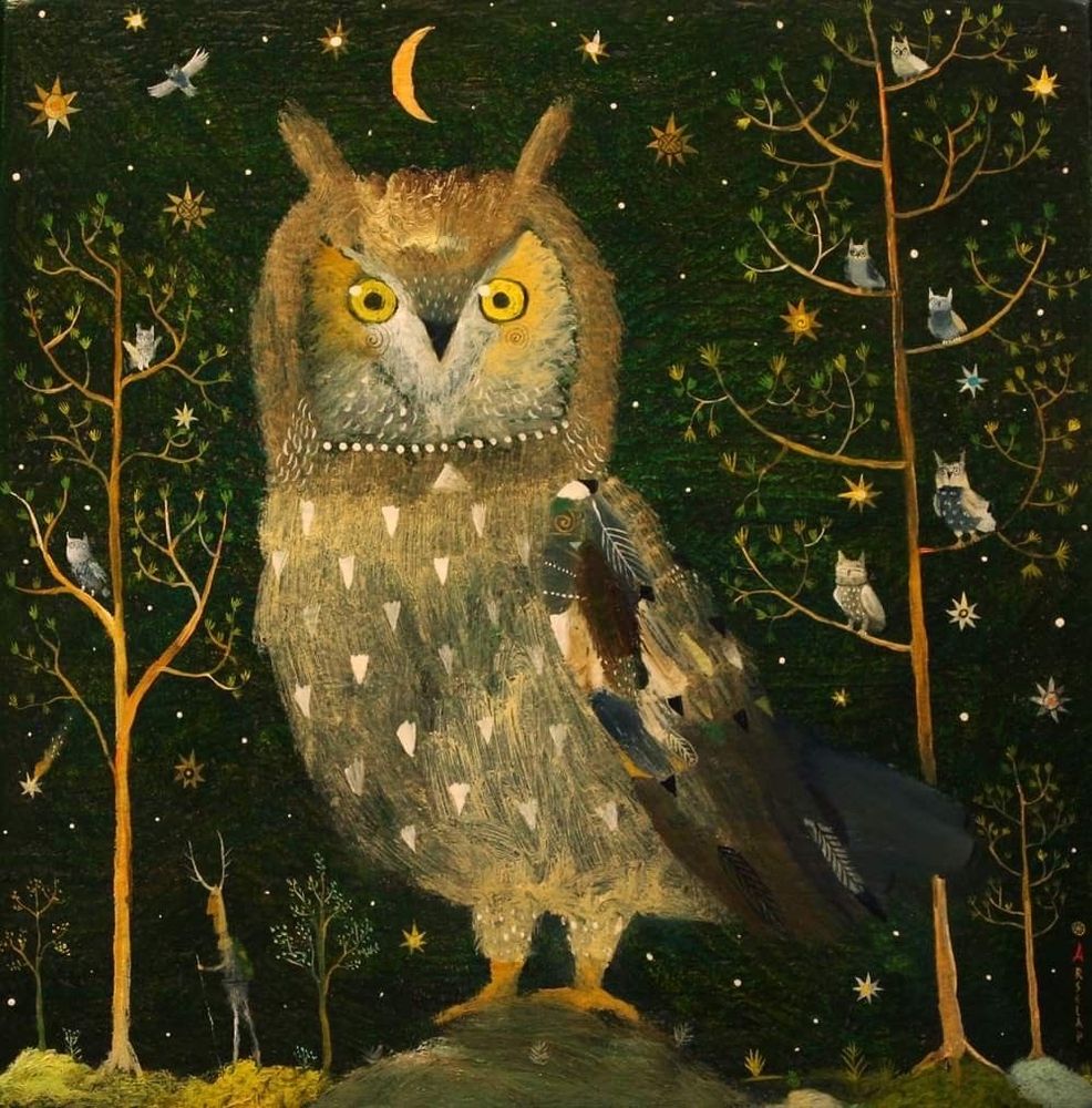 Giant owl with trees either side and crescent moon above, night sky of stars, painting.