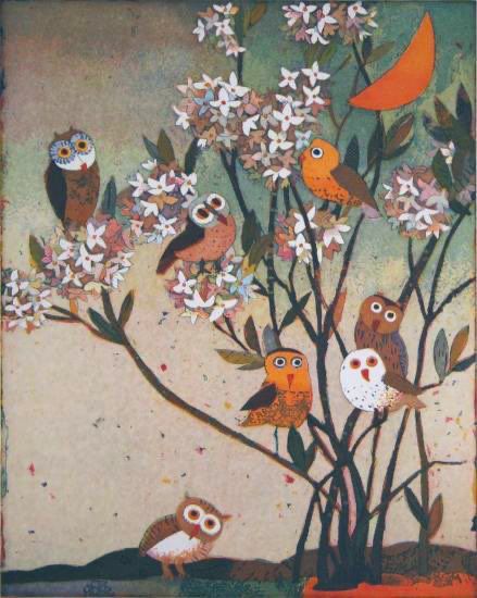 An illustration featuring multiple owls perched on and around flowering trees and branches, under a crescent moon. The owls vary in color and pattern, with some appearing to be fledglings or younger owls. The background suggests a natural setting with soft, muted tones.