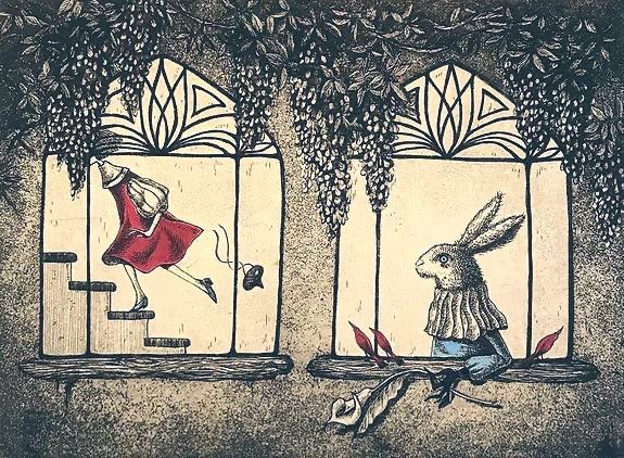 Alice running upstairs watched by white rabbit, illustration.