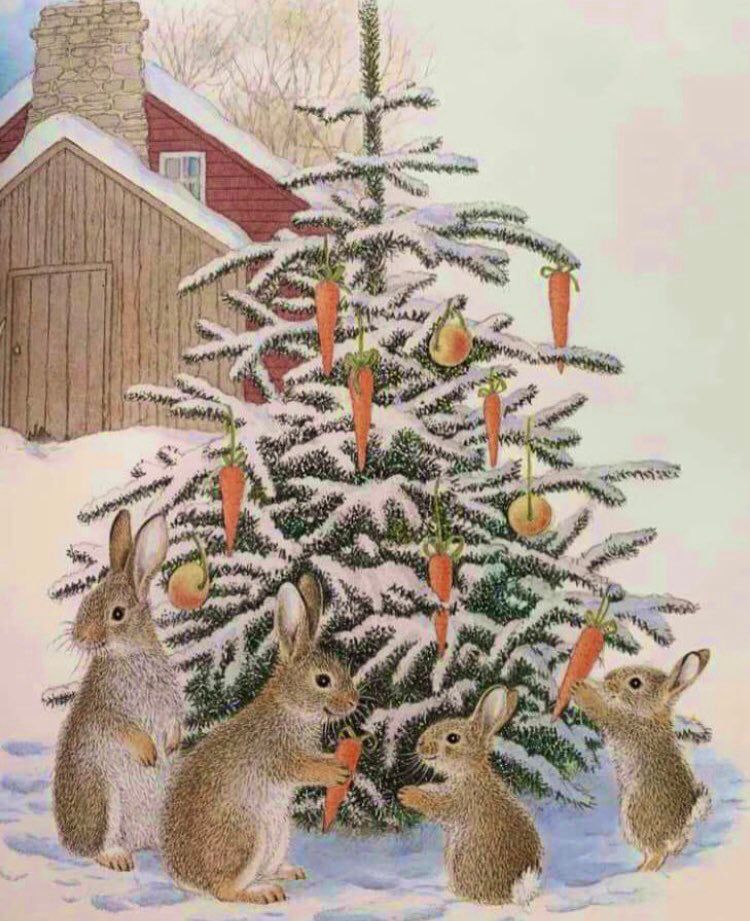 Four rabbits are decorating a snow laden tree with carrots, snowy scene, house in background, illustration.