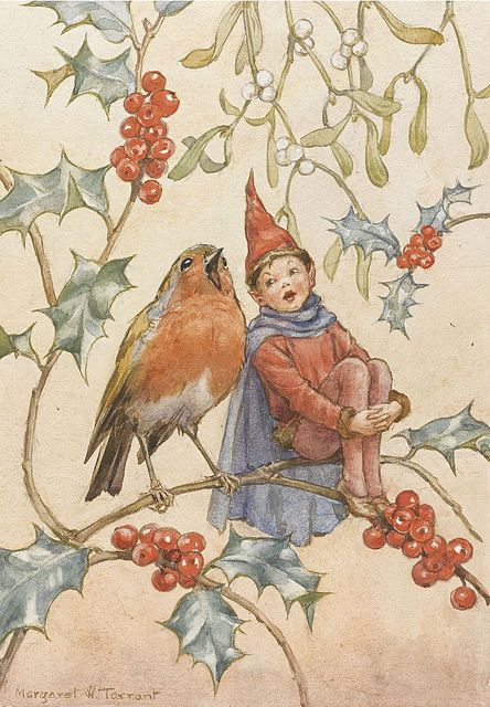 Robin and elf with red pointy hat and blue cloak perched on branch of Holly and berries, both are singing. Illustration.