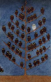 Spooky black owls lining every branch of a tree, one white owl, night sky, brown earth, one in flight from left. Painting. 