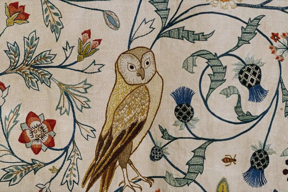 Textile, barn owl amongst flowers and foliage.