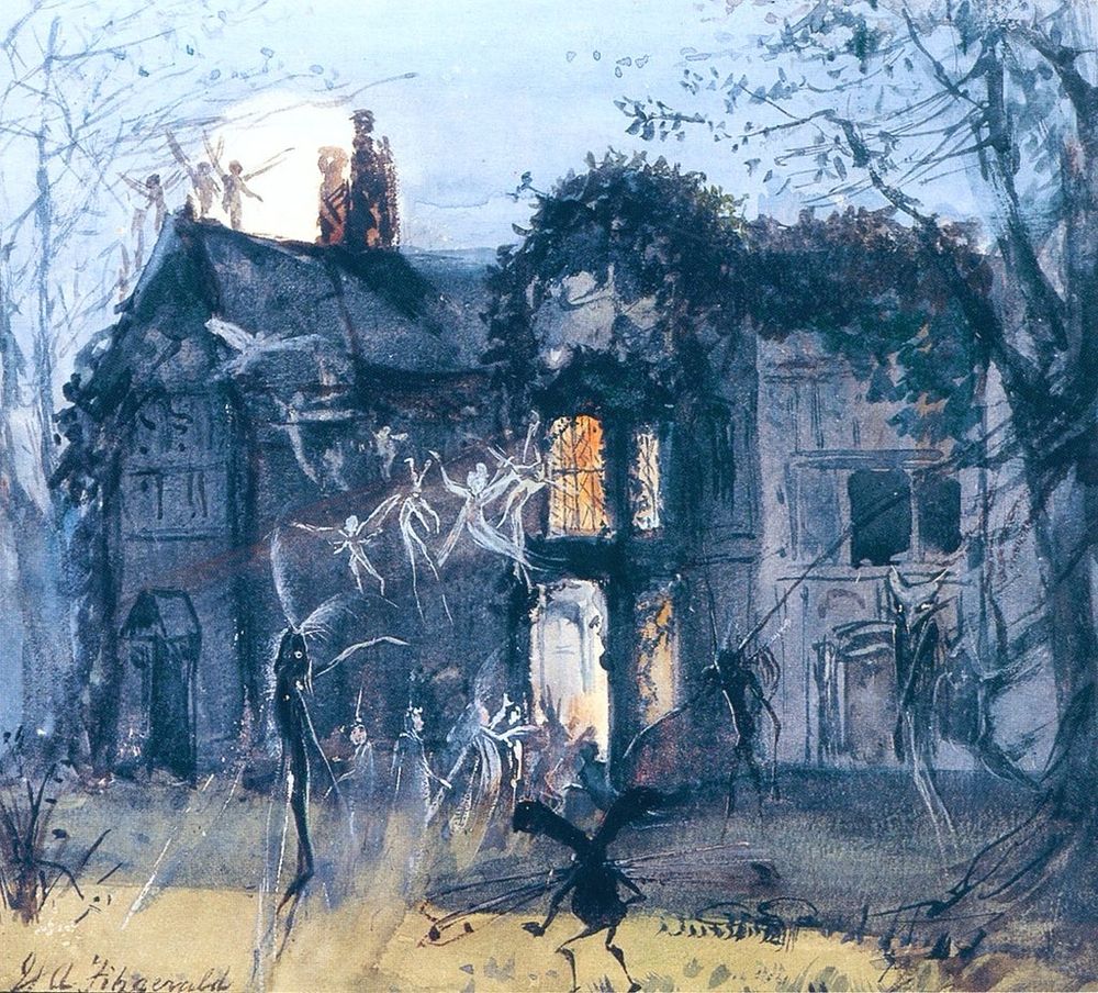 The Old Hall, Fairies by Moonlight; Spectres & Shades, Brownies and Banshees.
circa 1875
Painting.
