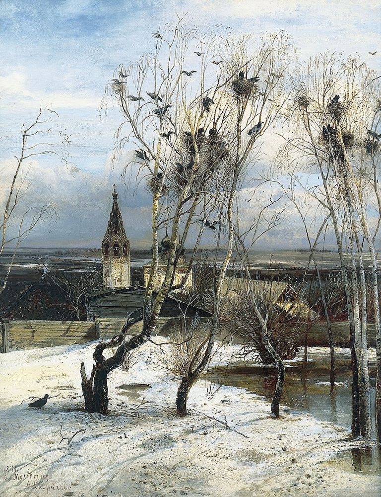 Winter landscape, church in background, rooks flocking in wintered trees. 