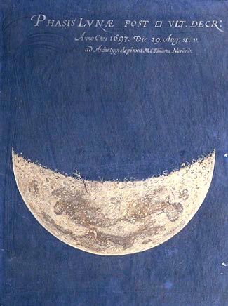 Pastel of moon phase. ‘Phase of the Moon Observed’ Latin text above. ‘Her highly detailed astronomical works were typically done using pastels on dark blue cardboard material. By the year 1700, she had amassed a total of over 350 drawings of the phrase of the moon, although only a handful survive today. ‘ ~ From Inviting History.
