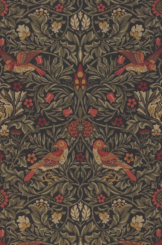 "Bird" wallpaper by Morris & Co., specifically in the "Wooded Dell" colorway. The design is a dense, regular pattern inspired by a William Morris tapestry from 1878. 
The pattern features a serene arrangement of paired birds alternating between perching and flight amidst branches of foliage and pomegranate-like fruit. 
The colours used are deep, saturated colours with a dark brown background. Contrasting warm tones of red, orange, and green are used for the birds, flowers, and leaves.
