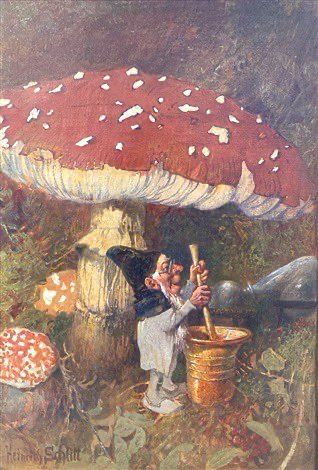 Painting of a small, elderly-looking gnome with a pointed black hat, glasses, white shirt, and brown trousers. The gnome is using a mortar and pestle preparing a substance in a brass-colored vessel beneath a giant fly agaric, the scene is set in a forest floor environment with moss, leaves, and other smaller fly agarics. 🍄 