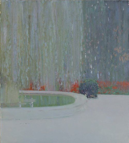 Painting of an outdoor scene, like a garden or park, featuring a curved pool or fountain in the foreground with calm, green water. To the left, a large, muted green background suggests a dense wall of foliage or trees. On the right, a patch of vibrant red flowers adds a splash of color against the subdued greens and grays of the background. A small, dark green bush sits at the edge of the pool.