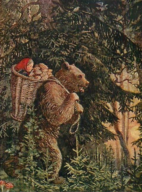 Painting of brown bear walking upright through a forest carrying a red-called girl in a basket with logs on his back.