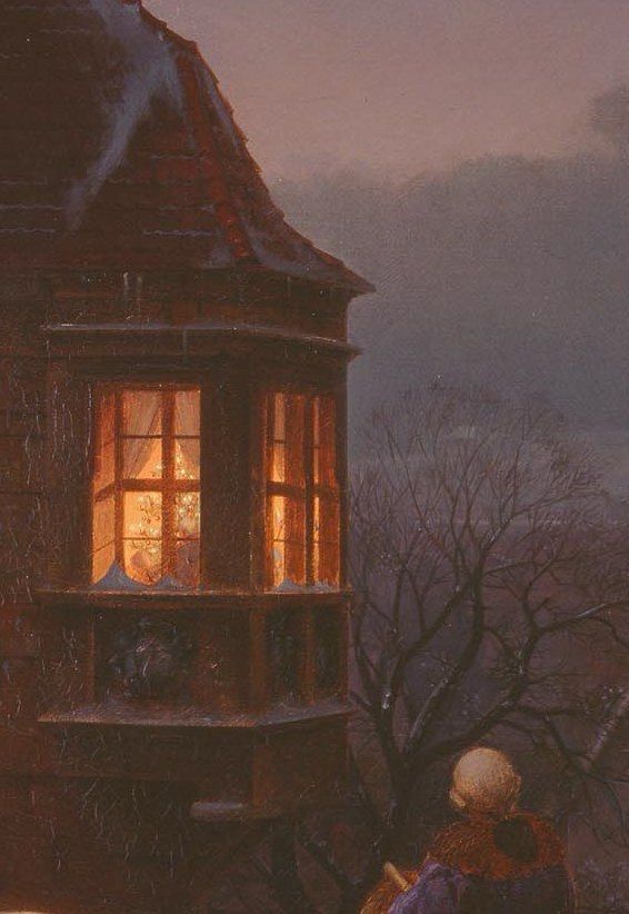 House, window lit, frost and snow on roof and sills, winter tree, painting.