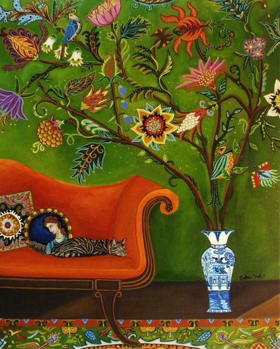 A painting by Catherine Nolin,which uses bright, intense colours and intricate details. 
The painting depicts an interior scene featuring a bright orange-red chaise longue on the left.
A tabby cat is resting on the chaise longue next to a decorative pillow and a small framed picture of a person. A large, intricately detailed botanical design, resembling a tree with various colorful flowers, leaves, and birds, dominates the green background wall. A blue and white patterned vase sits on the floor to the right, beneath the tree.