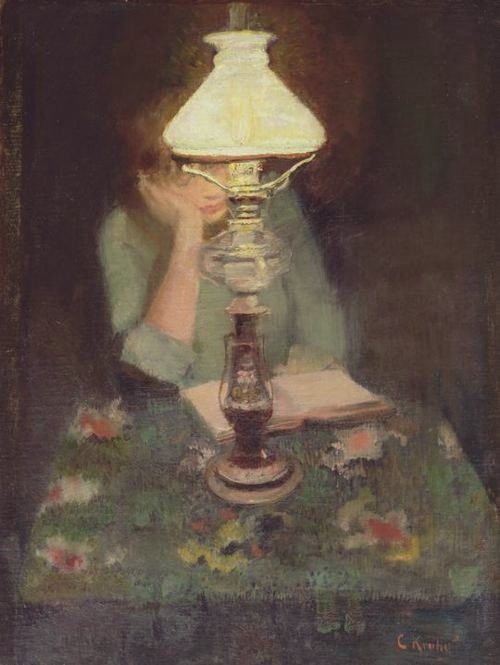 Woman in pale blue/green, hand resting on face, elbow on pink and green flowery tablecloth, reads a book by lamplight at a table, her face partially obscured by the lamp. Painting. 