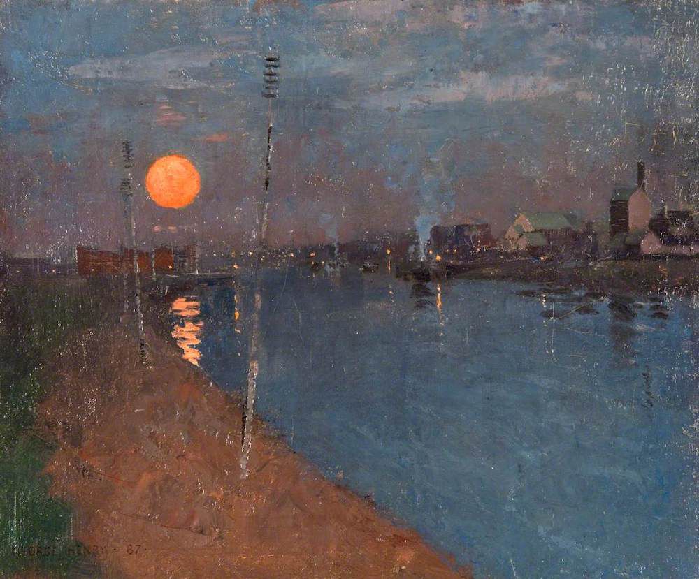 River scene at night with full moon, Painting.