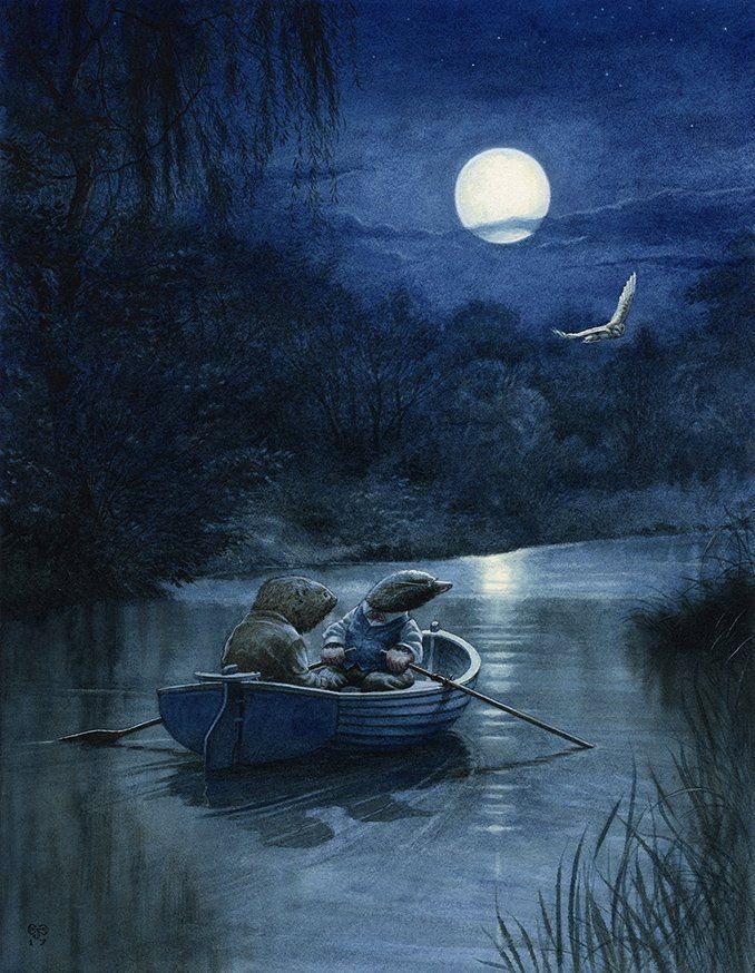 Moonlit River by Chris Dunn, inspired by The Wind in the Willows of Ratty and Mole in a boat at night, a full moon, an owl in flight, reeds at the river banks. Illustration. 