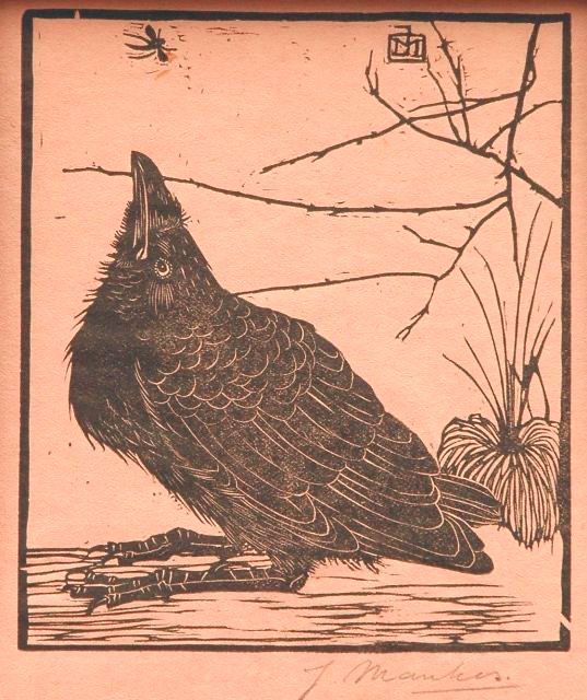 Woodcut, crow depicted looking upwards with its beak open, seemingly observing a small mosquito flying above it.
