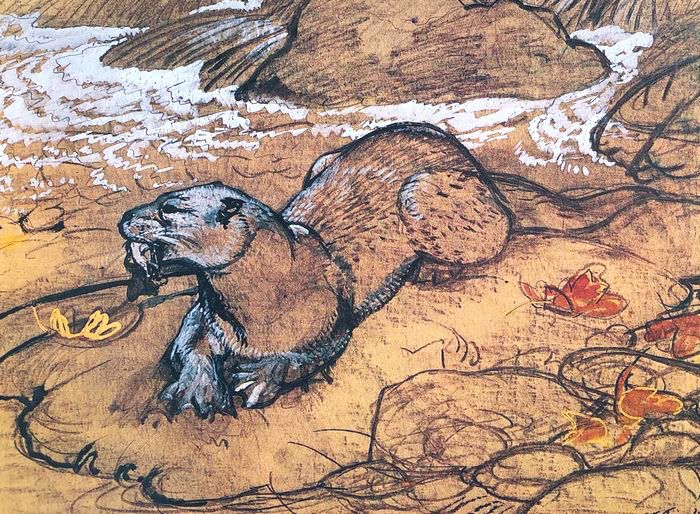 Otter on shore, eating. Drawing. 