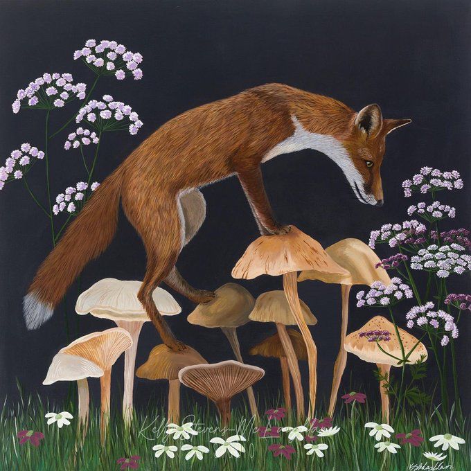 Painting of a fox walking over a cluster of mushrooms with wildflowers, set against a dark background. 