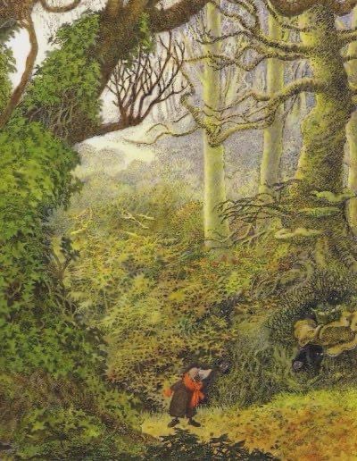 Woodland scene, mole in brown coat and red scarf, illustration.