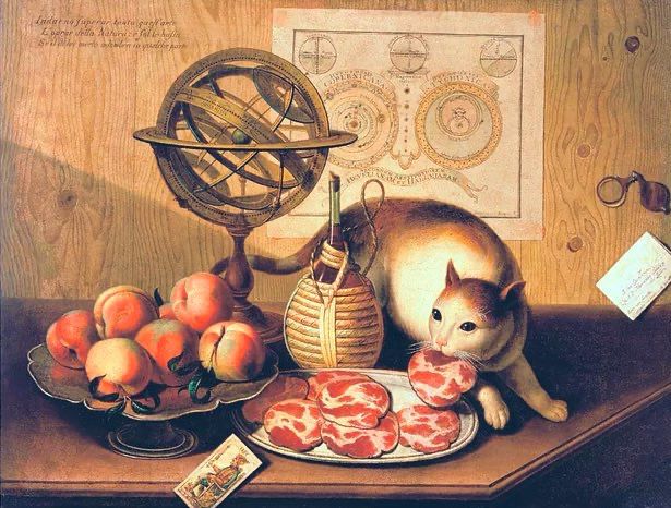 Painting of cat stealing some meat from a plate on a table next to wine, astrolabe, dish of peaches, a playing card falls from the table.