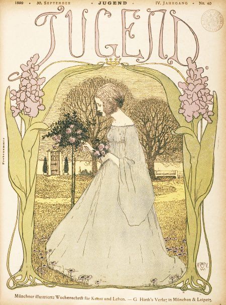 This image is the cover of Jugend magazine. The cover features a woman in a flowing, light-colored gown, standing within an ornate, stylized frame of blooming hyacinths or similar bell-shaped flowers. In the background, a landscape with trees and a building is visible, adding depth to the composition. The title 