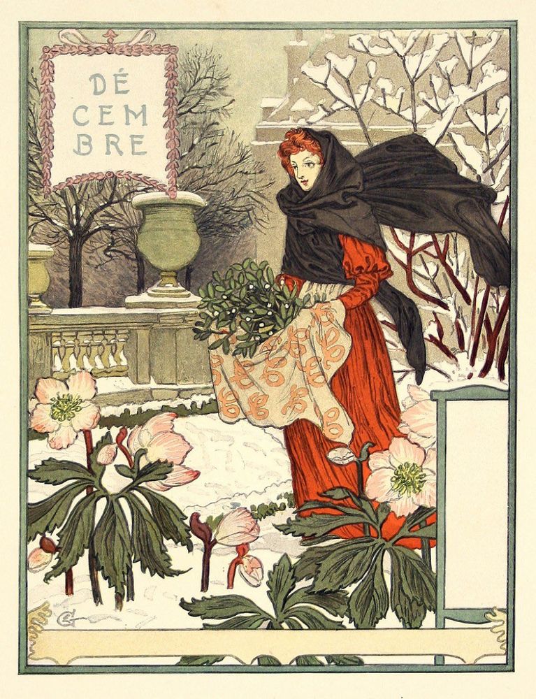 Décembre" (December) by  Eugène Grasset, 1896 as part of a calendar called Les Mois (The Months). 
The artwork depicts a winter scene in a snow-covered garden: 
A red-headed woman in a crimson gown and a sweeping black cape walks through the snow. She is carrying a large bundle of mistletoe in her pinafore.
The background features snow-laden trees, a stone balustrade, and large garden urns. Large pink and white winter flowers are prominent in the foreground.