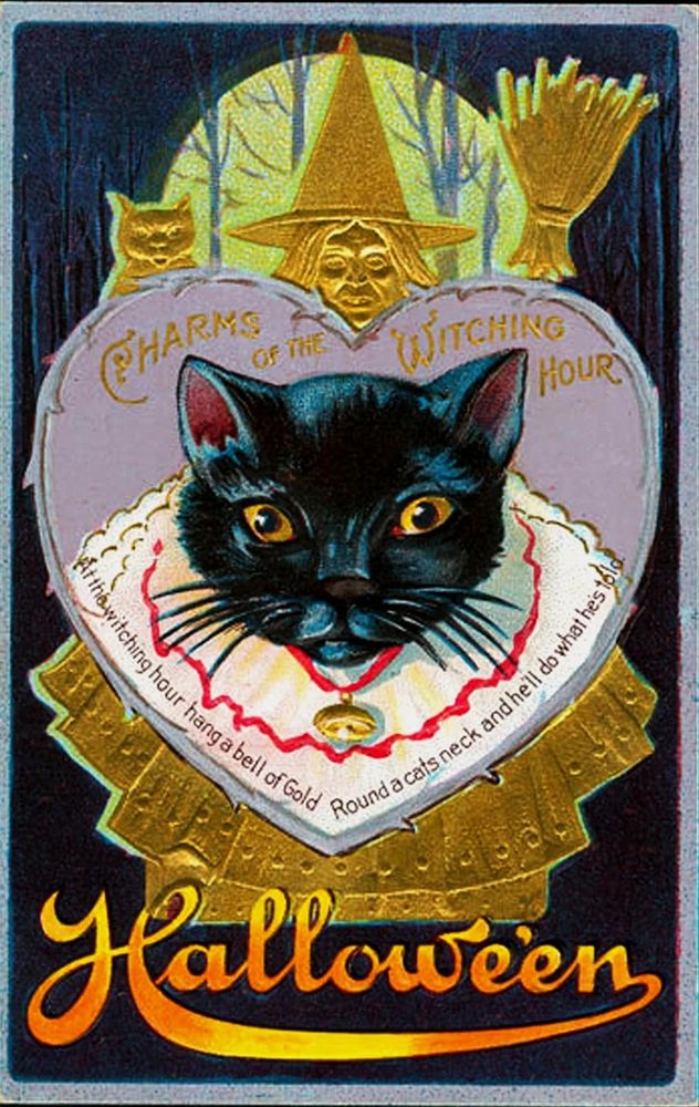 Charms of the Witching Hour, Hallowe’en 
Vintage Halloween card
Face of black cat with bell around its neck in lilac heart, golden witch and cat and broomstick with full moon and trees behind.