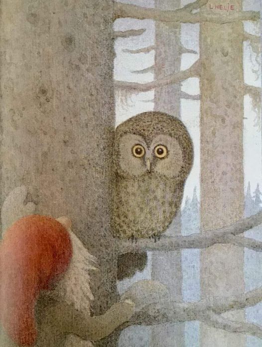 Tomte looking at owl in a tree on woodland, illustration.