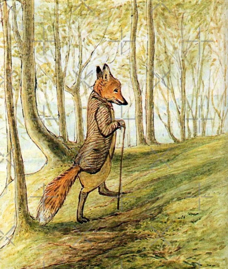 Mr Tod walking in forest with walking stick, illustration.