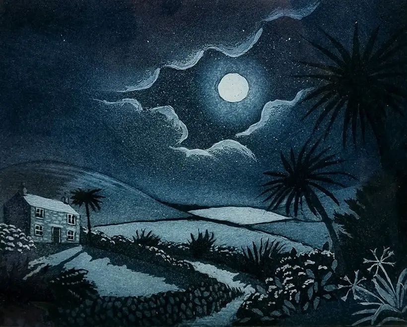 The painting portrays a rolling landscape illuminated by moonlight. 
A traditional-looking house with visible windows is nestled within the landscape, Palm trees and other vegetation, including flowering plants, are prominent. A winding path or track leads through the landscape, bordered by a low wall.