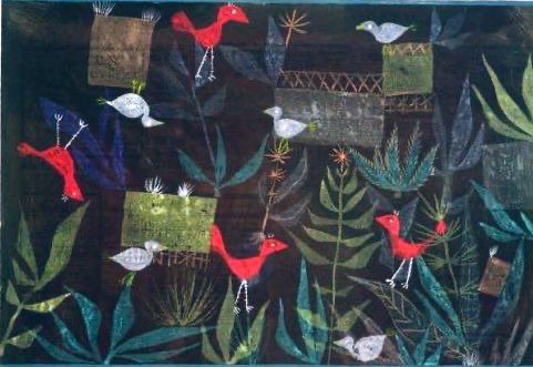 Painting of several birds, some red and some white, with long legs and simple, graphic forms.
Large, abstract leaves and plant shapes in various shades of green and teal. 
Woven or patchwork-like squares and textured patterns are scattered throughout the background.