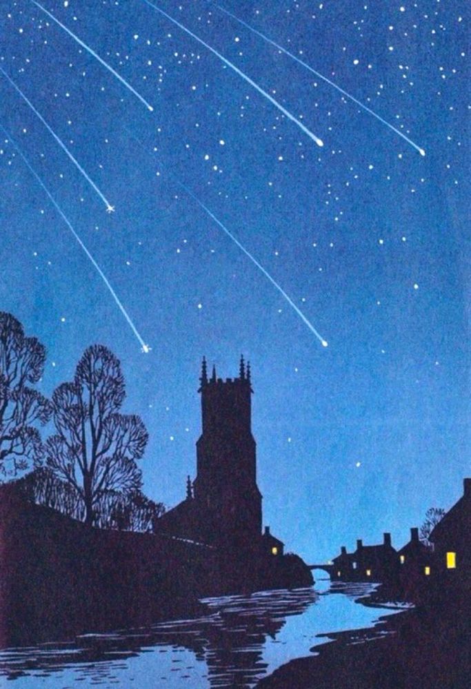 The Night Sky by Robert Ayton, depicts a rural, nocturnal landscape featuring a prominent silhouetted church with a tall steeple and castellated top. A winding river or stream reflects the darkness of the night sky, flowing past the church and a cluster of small, illuminated houses on the right. Bare-branched trees stand in silhouette on the left bank of the water. The sky above is a deep blue, filled with numerous twinkling white stars and several bright, streaking meteors.