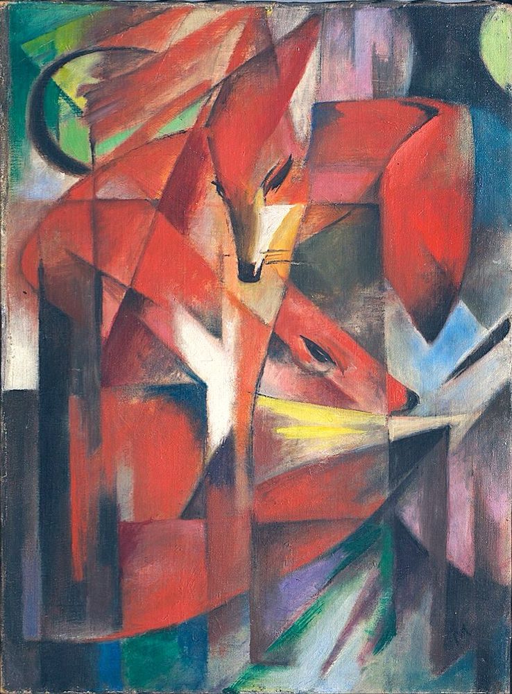 Foxes painting, abstract, cubist.