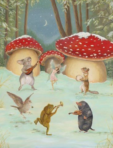 Crescent moonlit night scene, forest, toadstools, in the foreground, on the snow, a bird plays a bell, a frog plays a trumpet, a mole plays a fiddle, a squirrel plays a tambourine, a mouse plays a banjo, a fairy dances. 