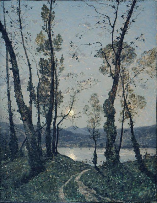 Moon through trees over lake and pathway. Painting.